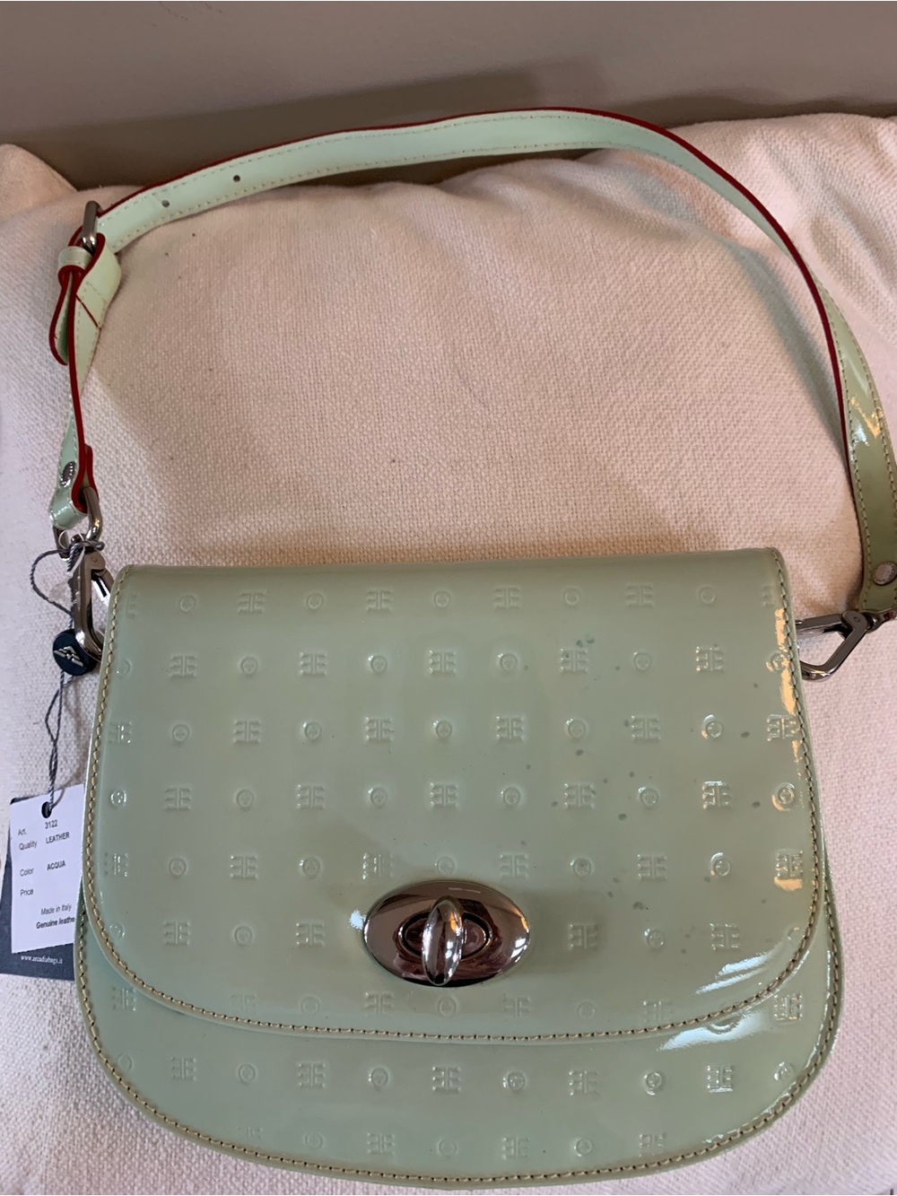 Vintage NWT Arcadia Made in Italy Mint Green Patent Shoulder Bag with Turn-Lock